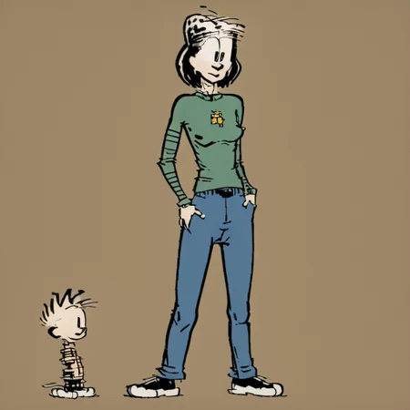 solo woman, facing camera, illustrated woman, wearing pants and a sweater, art style of Bill Watterson, full shot,