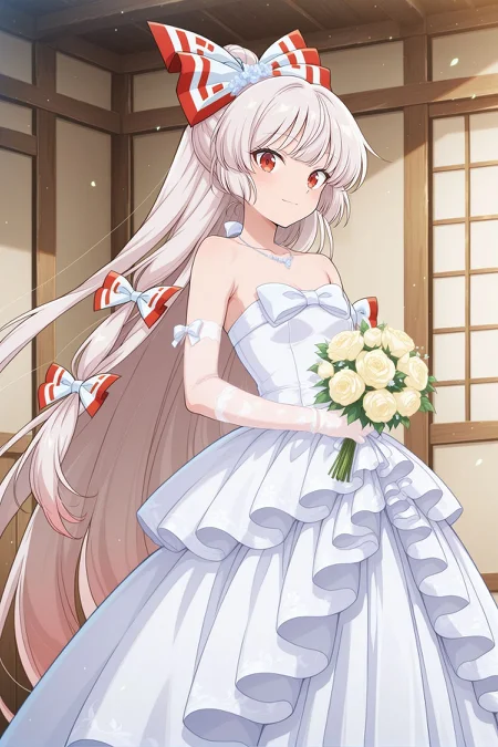 absurdres, highres, masterpiece, best quality, amazing quality, official anime artwork, screencap, anime screencap, indoors, looking at viewer, light smile, dynamic pose, standing,
<lora:Fujiwara-no-Mokou_IllustriousV2:1>  fujiwara no mokou, 1girl, solo, red eyes, white hair, very long hair, small breasts, fujiwara no mokou (burning white phoenix), alternate costume, alternate hairstyle, hair bun, hair bow, pink hair bow, flower hair onament, tress ribbon, necklace, bare shoulders, white dress, wedding dress, long dress, strapless dress, white bow, collarbone, white gloves, fishnet gloves, elbow gloves, holding bouquet,