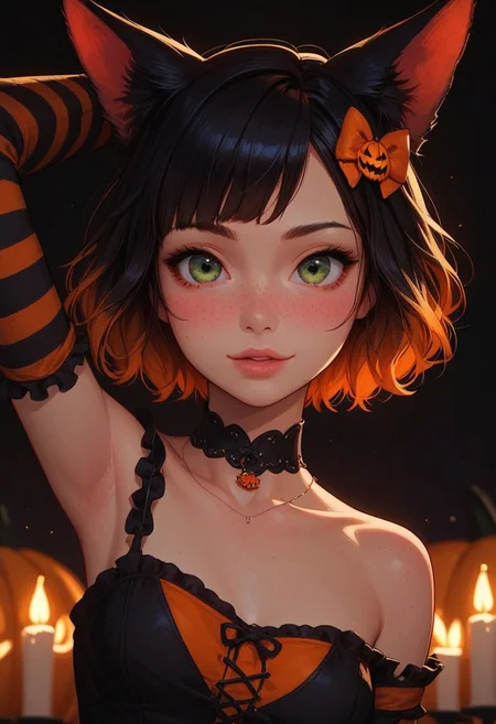 score_9, score_8_up, score_7_up, score_6_up, 
1girl, 25 years old, perfect face, cute, petite, (close view), close-up, 
multicolored hair, black hair, orange hair, short hair, orange hair bow, pumpkin hair ornament, 
fox ears, freckles,
green eyes, 
black choker, necklace, 
halloween costume, striped clothes, orange dress,  black dress, frilled dress, bare shoulders, short sleeves,  arm warmers, arm up,
halloween, candles,
blush, shy smile, 
portrait, face focus, detailed face,