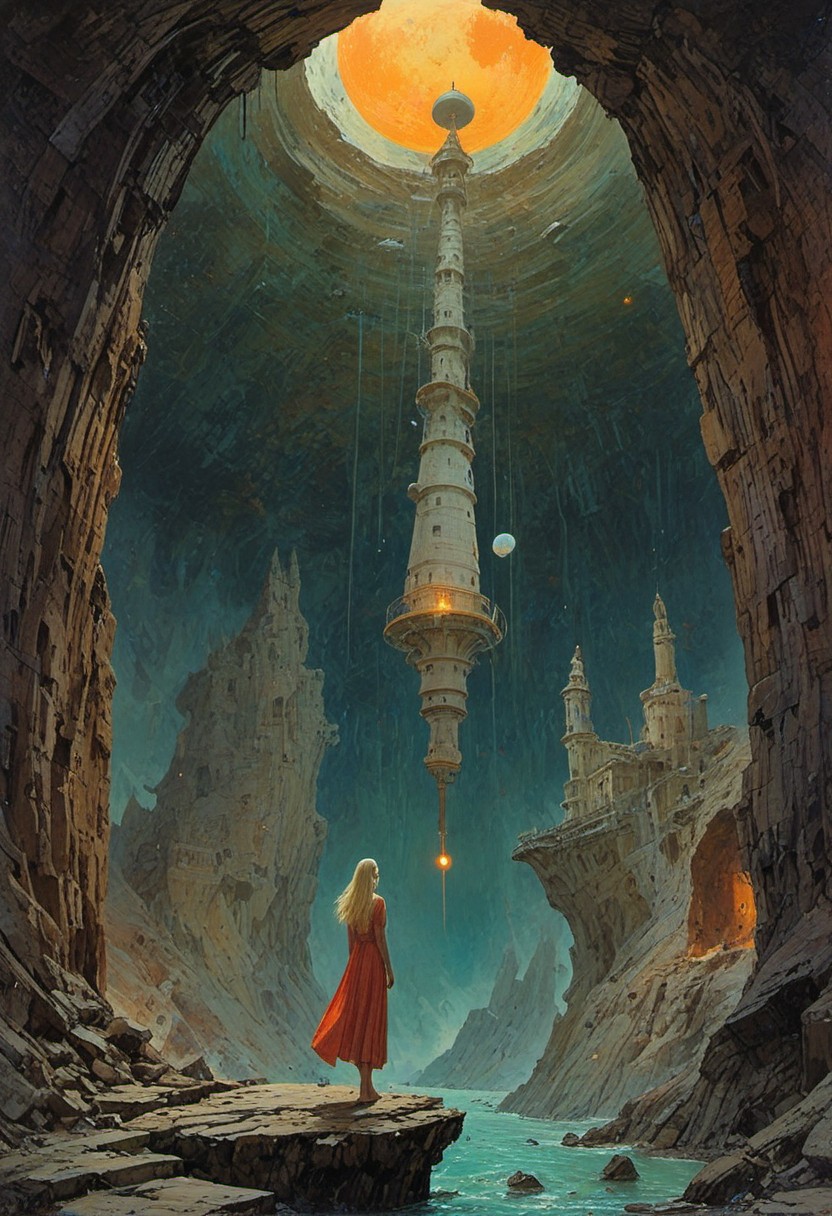A beautiful blonde  deco pop artist, all pastel sleek futuristic outfit dress standing in a cave, high quality fantasy art, historic rendering of an old lighthouse, square spaceship , digital artwork by Beksinski, vibrant colors include cuware and births a house,picture shows water, expansive, the moon, with strange architecture and down on a suspended mid-air jet. create a sense of detailed, abstract, trippy, 60s style, op art,  cell shaded, 8k. The composition includes overlapping circles, sharp-edged polygons, and fluid lines, all interwoven to create a sense of rhythm and flow.