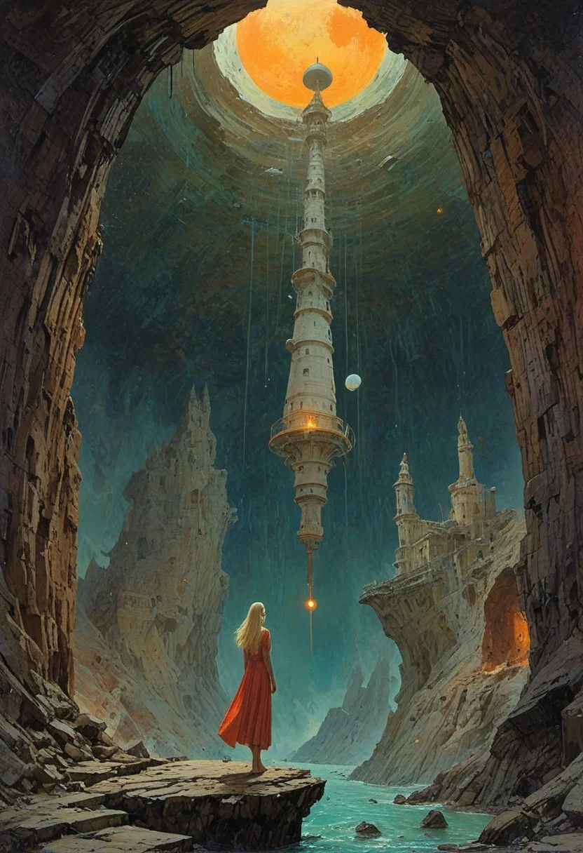 A beautiful blonde  deco pop artist, all pastel sleek futuristic outfit dress standing in a cave, high quality fantasy art, historic rendering of an old lighthouse, square spaceship , digital artwork by Beksinski, vibrant colors include cuware and births a house,picture shows water, expansive, the moon, with strange architecture and down on a suspended mid-air jet. create a sense of detailed, abstract, trippy, 60s style, op art,  cell shaded, 8k. The composition includes overlapping circles, sharp-edged polygons, and fluid lines, all interwoven to create a sense of rhythm and flow.