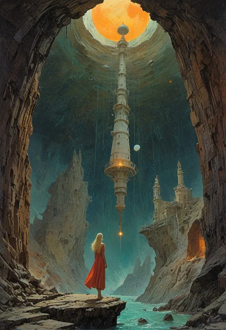 A beautiful blonde deco pop artist, all pastel sleek futuristic outfit dress standing in a cave, high quality fantasy art, historic rendering of an old lighthouse, square spaceship , digital artwork by Beksinski, vibrant colors include cuware and births a house,picture shows water, expansive, the moon, with strange architecture and down on a suspended mid-air jet. create a sense of detailed, abstract, trippy, 60s style, op art, cell shaded, 8k. The composition includes overlapping circles, sharp-edged polygons, and fluid lines, all interwoven to create a sense of rhythm and flow.
