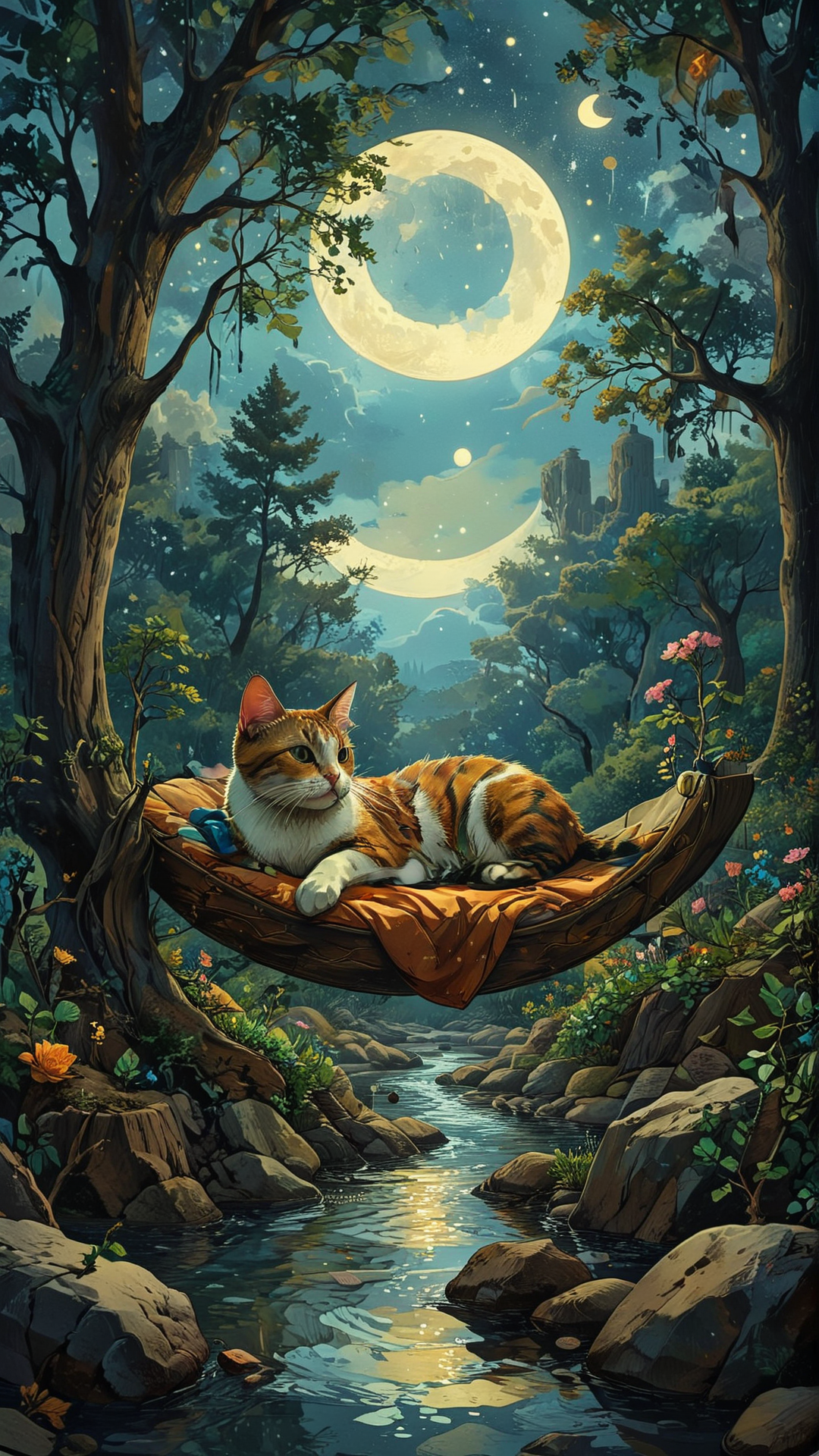A surreal dreamscape where objects defy gravity, a floating bed with a cat napping, a river of stars flowing through the sky, and trees with roots growing upward, all under a crescent moon that smiles down on the scene. (masterpiece, award winning artwork)
many details, extreme detailed, full of details,
Wide range of colors, high Dynamic
 <lora:add-detail-xl:1>
 <lora:WildcardX-XL-Detail-Enhancer:1>
<lora:MJ52:0.375>
 <lora:CubismArt:0.8> cubsimart, painting
 <lora:EldritchMixIllustration_1.0:0.79>
