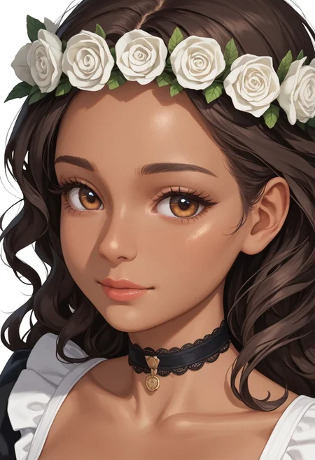 score_9,score_8,score_7_up, masterpiece, high_quality, highres, high quality, perfection, character design, solo, best quality,1 woman, adult, beautiful woman, cute woman, adult, 30 years old, ((Olive Tan skin tone:1.4)), detailed body, shapely woman, (Curvy body: 1.6), MILF, (long wavy voluminous flowing hair Dark brunette hair), Natural body, detailed face, beautiful face, russet brown eyes, eyelashes, large breasts, (Maid Apron, black choker) Standing, Close up, focus on face, head wreath, white Rose wreath, White background, steam, hot, nervous, happy, front view,