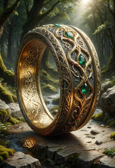 Crafted of shimmering gold, the legendary ring of power gleams with an otherworldly allure. A symbol of immense strength and ambition, it is adorned with intricate elvish runes that seem to dance in the light. This stunning depiction, whether a digital rendering or a finely detailed painting, captures every facet of its enigmatic power. The image is rich in detail, from the delicately etched patterns to the subtle shadows that create a sense of depth and mystery. A truly mesmerizing work that exudes a sense of both beauty and danger, inviting viewers to ponder the ring's fateful influence in the world of Middle-earth.
<lora:add-detail-xl:0.35> <lora:MJ52:0.18> <lora:ral-anmwrlds-sdxl:0.3> ral-anmwrlds <lora:ral-porcelain:0.4> ral-porcelain <lora:ral-cltc:0.1> ral-cltc <lora:ral-dissolve:0.25> ral-dissolve <lora:zavy-mthcl-sdxl:0.2> <lora:SDXLFaeTastic2400:0.2>  <lora:WildcardX-XL-Detail-Enhancer:0.5>