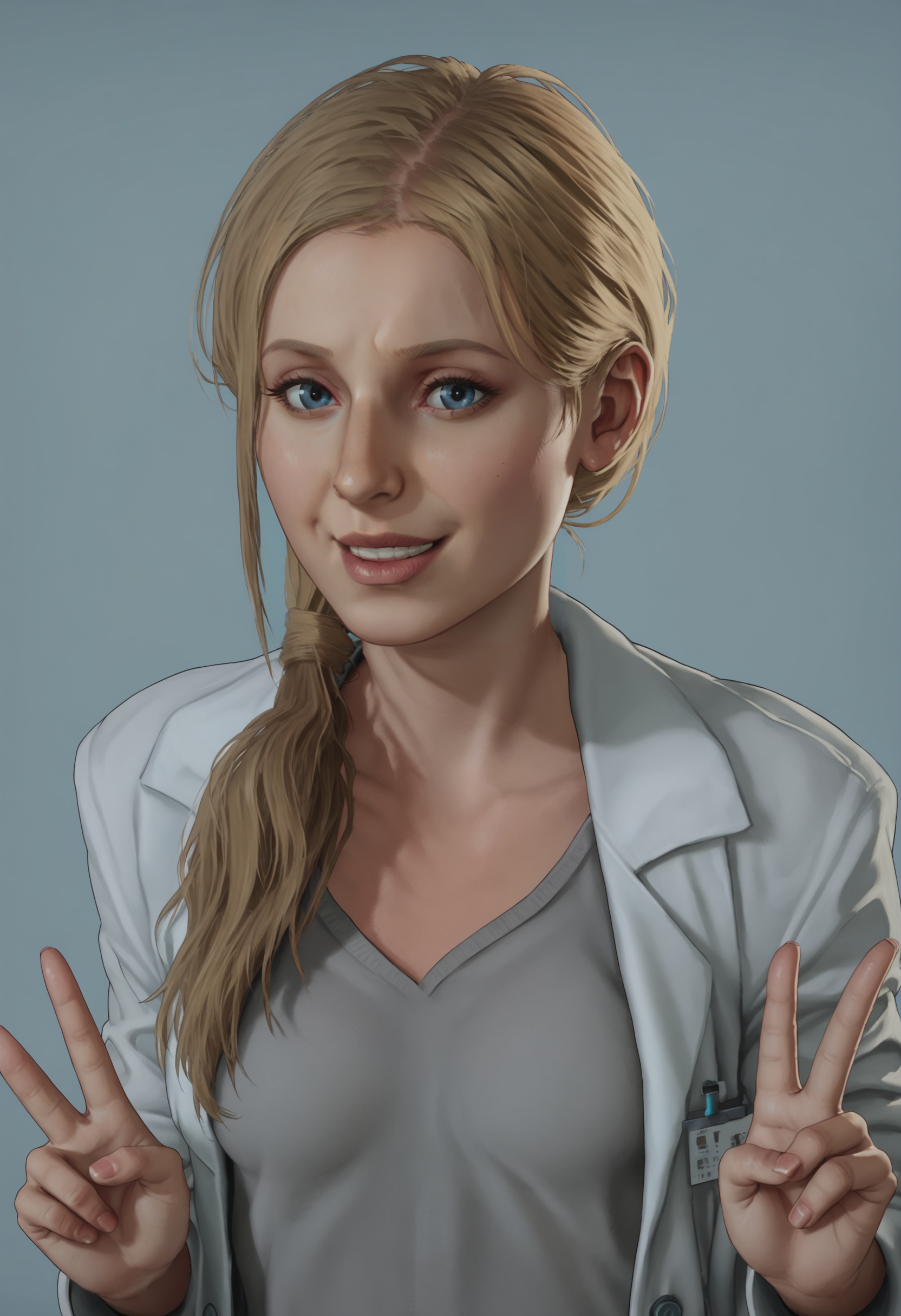 score_9, score_8_up, score_7_up, score_6_up, score_5_up, score_4_up, 1girl, <lora:AnnetteBirkin:0.85> solo, medium breasts, long hair, hair over shoulder, blonde hair, blue eyes, lips, labcoat, jeans, red footwear, upper body, from front, v sign, smile, 
light blue background, simple background,