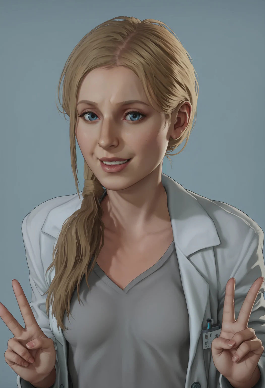 score_9, score_8_up, score_7_up, score_6_up, score_5_up, score_4_up, 1girl, <lora:AnnetteBirkin:0.85> solo, medium breasts, long hair, hair over shoulder, blonde hair, blue eyes, lips, labcoat, jeans, red footwear, upper body, from front, v sign, smile,
light blue background, simple background,