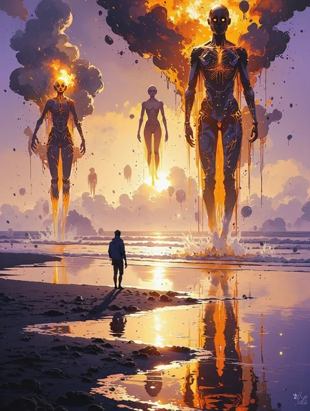 A cinematic surreal dreamscape, ultra-detailed, 8k --ar 16:9, The dreamer stands on a black sand beach at twilight, soft ethereal fog surrounds him, The ocean surface is perfectly still, mirror-like, reflecting the golden figures floating above it, Surreal glowing golden humanoid figures levitate just above the water surface, Thick oily black liquid slowly drips and flows down their golden forms, creating intricate patterns, The viscous liquid has rainbow iridescence as it falls into the water, Soft ambient lighting creates a mystical atmosphere, The background features a deep violet sky with faint nebula-like formations, Hyper-realistic details in the textures of molten gold and viscous fluid dynamics, Dreamlike quality with slight motion blur suggesting this is within a dream state