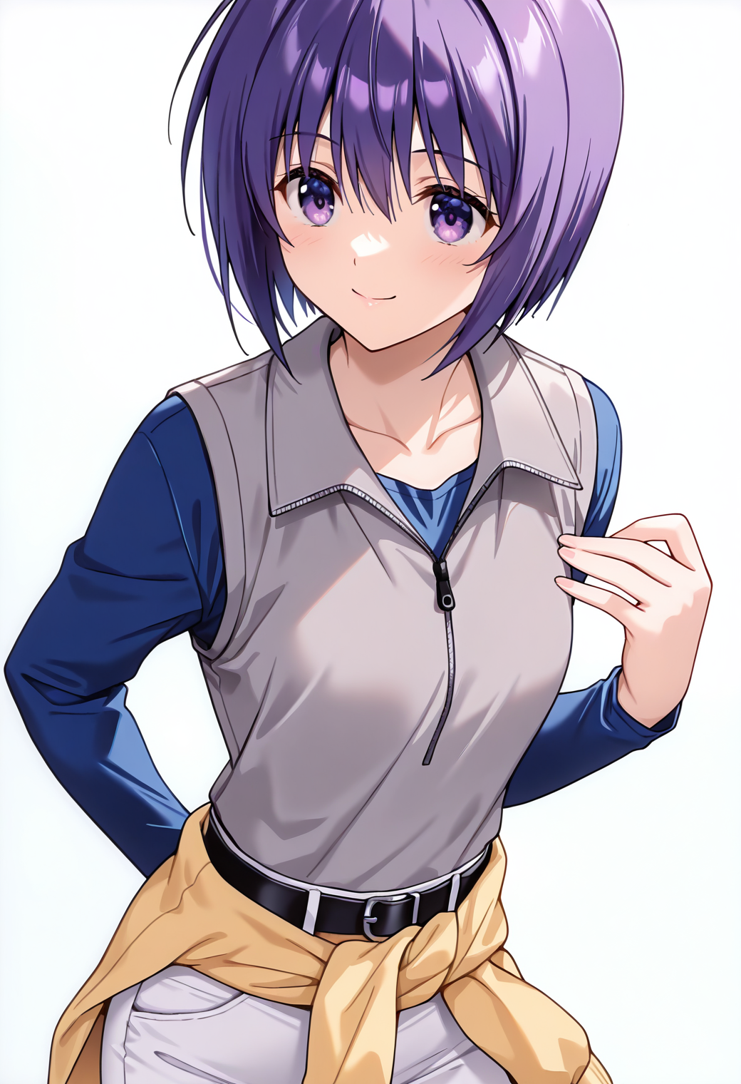 masterpiece, best quality, very aesthetic, absurdres, 1girl, solo,
<lora:haga_reiko_v01:0.9>, haga_reiko, reiko_casual1, purple hair, short hair, purple eyes,
gray vest, collared vest, half zipper, collarbone, blue shirt, long sleeves, yellow sweater, clothes around waist, black belt, white pants, smile, posing