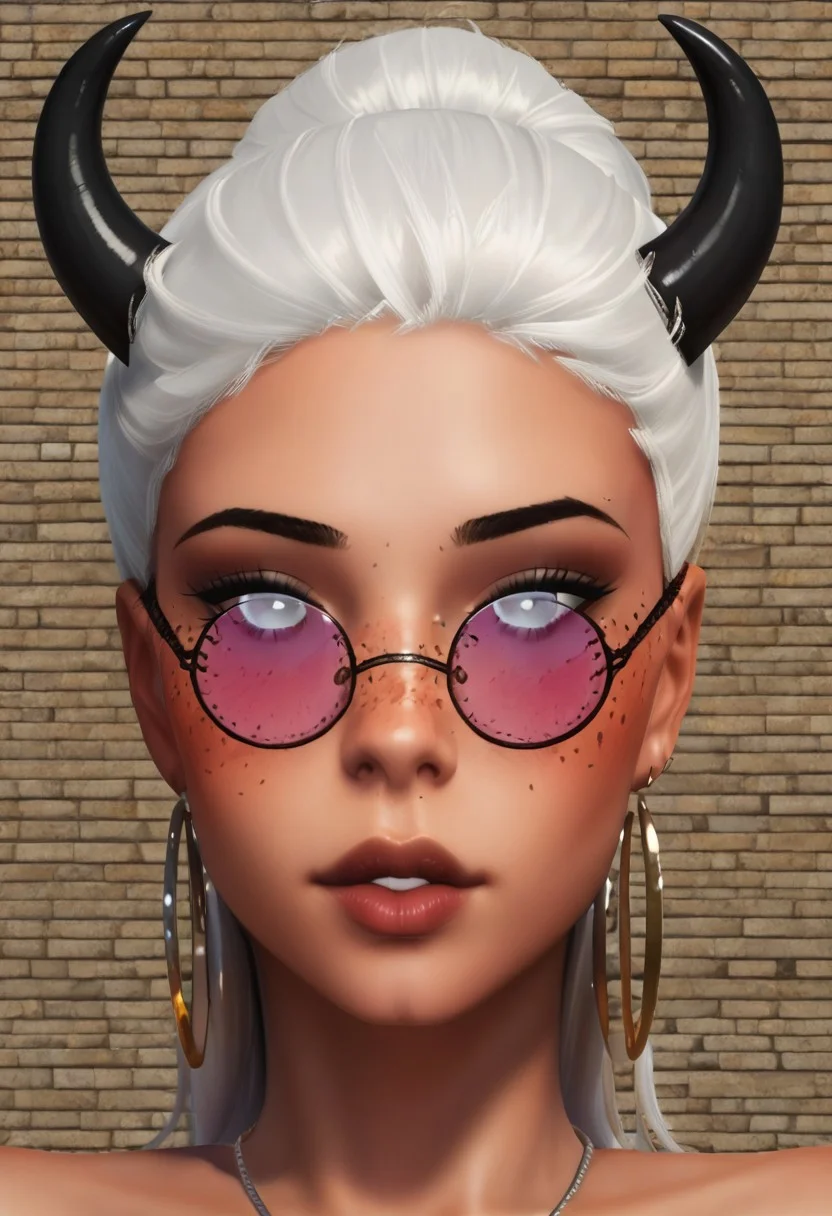 score_9, score_8_up, score_7_up, score_6_up, derpibooru_p_95, 
photography, realistic sun light and shadows, photorealism, UHD --ar 9:16 --style raw --stylize 700, 
 l3wd, onenes \(oc character\), 1girl, solo, looking at viewer, short hair, bare shoulders, jewelry, white hair, earrings, parted lips, horns, glasses, dark skin, necklace, mole, dark-skinned female, lips, sunglasses, portrait, freckles, hoop earrings, nose, round eyewear, tinted eyewear, brick wall, black horns, white eyes, no pupil, glowing eyes,