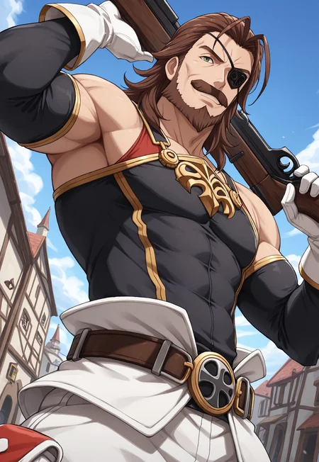 masterpiece, best quality, amazing quality, EugenGF, medium hair, brown hair, green eyes, eyepatch, beard, mustache, mature male, muscular, bare shoulders, black cuirass, gold accents, detached sleeves, white gloves, belt, white baggy pants, looking at viewer, smile, dynamic pose, detailed background, dutch angle, fantasy old town, blue sky, clouds, upper body, gun over shoulder, below view,