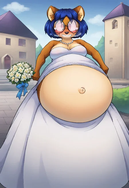score_9, score_8_up, score_7_up, BREAK, 1girl, digital art, fbfng, anthro, fpx, blue hair, (belly:1.5), round glasses, wedding dress, huge beasts, looking at viewer, blush, seductive look, church, crying, holding bouquet
