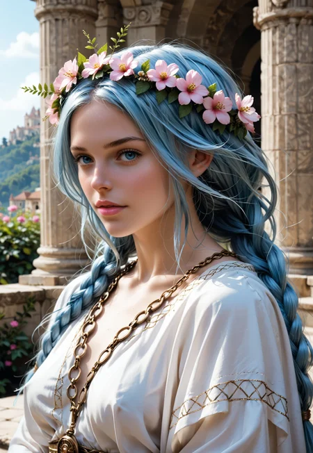 safe_pos, Beautiful woman, 24 years old. Fair skin. Smooth skin. Silvery blue hair. Incredible detail, high clarity. Free hair with braids. Long hair. Pink lips. Good anatomy. Detailed face. Attractive. Curvy. Bosom. European.
She is wearing a beautiful Greek goddess robe. Ancient temple setting. Flower wreath on head.
