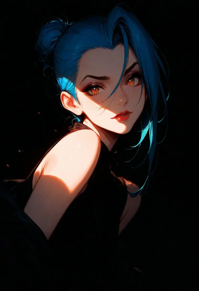 1girl, jinx , solo, dark, masterpiece, best quality, very aesthetic, close up, hair bun