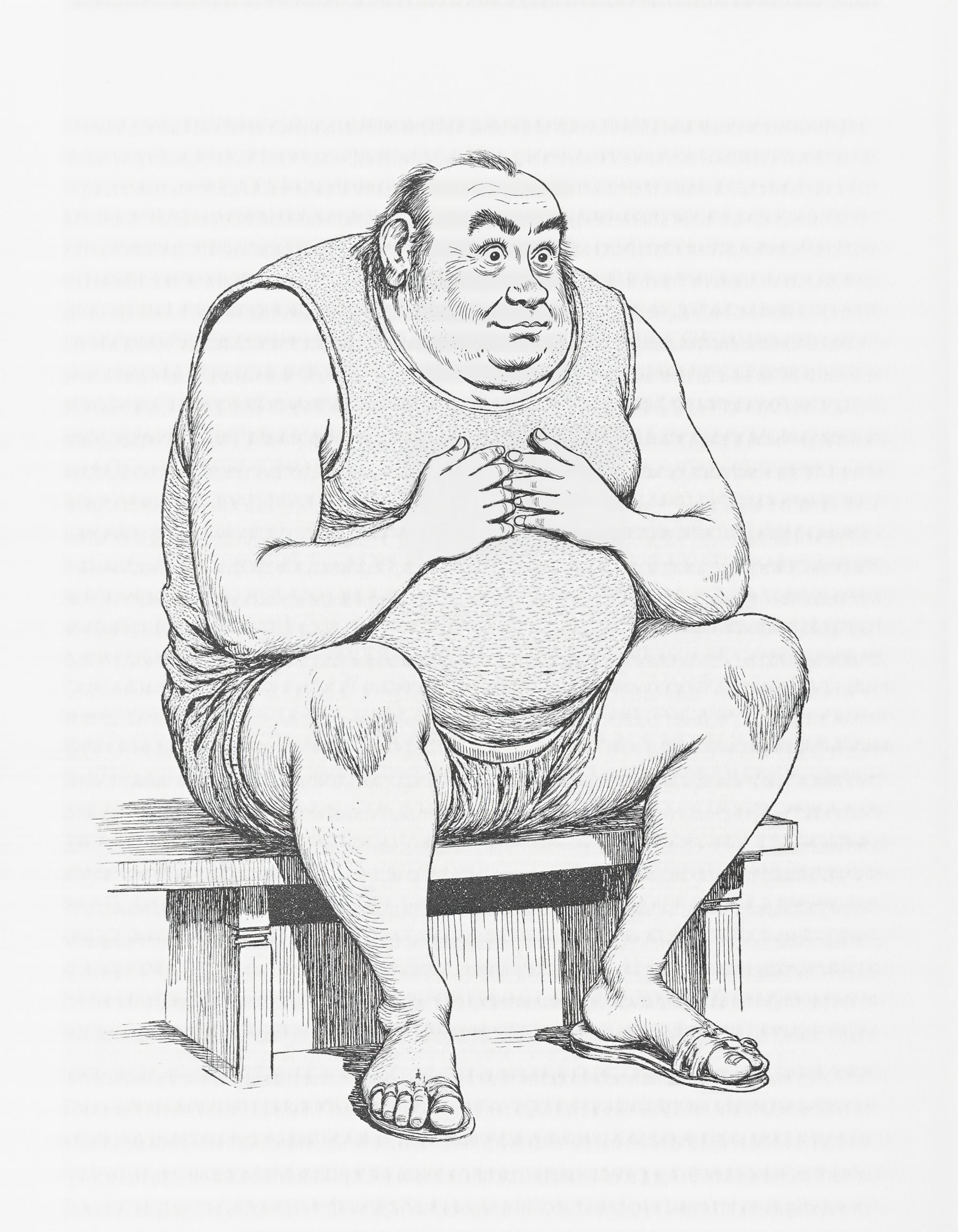 <lora:mig4v:1>, This image is a black-and-white line drawing, likely created with a pen or pencil, depicting a caricature of a man in a relaxed pose. The man is seated on a bench or a low platform, with his legs spread apart and his feet resting on the ground. He appears to be in a casual, perhaps contemplative state, with his hands clasped together in front of his chest. His facial expression is slightly pensive, with furrowed brows and a thoughtful look., 
The man has a round, bald head with a few wisps of hair around the sides. He has a prominent nose and a large, protruding chin. His ears are slightly pointed, adding to the caricatured effect. He wears a short-sleeved shirt with a textured pattern, likely indicating a rough fabric, and loose-fitting pants that are slightly baggy around the knees. His shoes are simple, open-toed sandals., 
The background is blank, with no additional objects or scenery, focusing all attention on the man. The drawing style is loose and sketchy, with heavy lines and shading, giving it a rough, expressive feel. The image is likely part of a book or comic strip, indicated by the presence of text in the background, which is not visible in this
