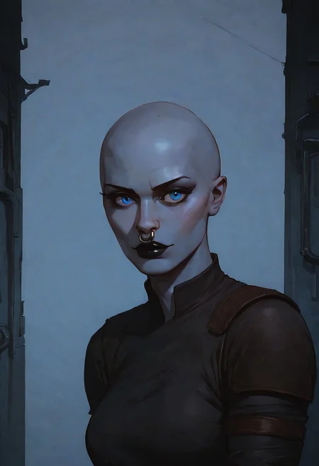safe_pos, score_9, score_8_up, score_7_up, score_9, score_8_up, score_7_up, a rattataki female alien from star wars who is wearing a raider outfit, has a bald head, grey skin, blue eyes, the picture should look like an adult movie poster. Toned female, black lips, nose ring, in a wasteland, smooth bald head, showing off her tits, nsfw, 