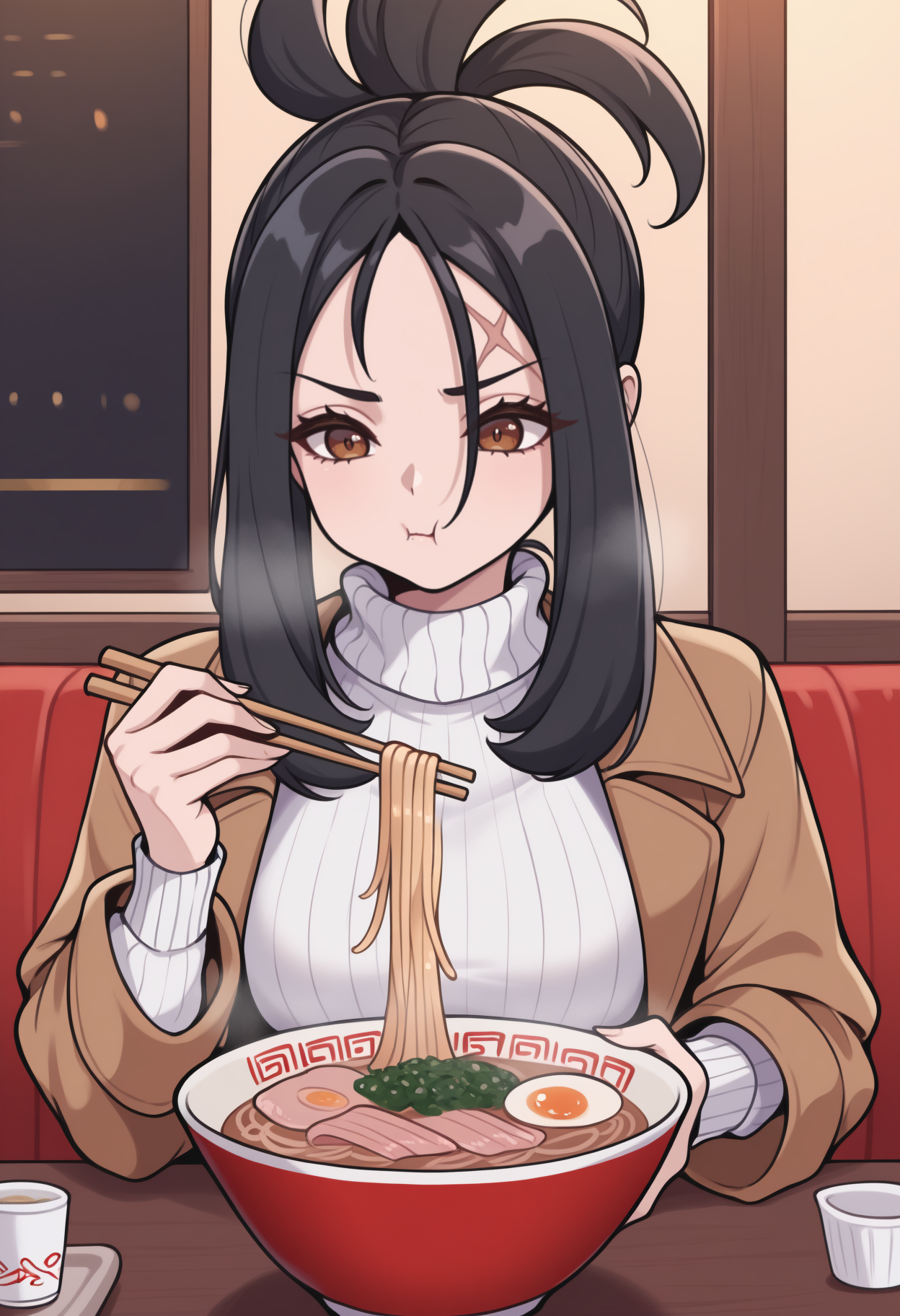 masterpiece, best quality, newest, upper body, solo, 1girl, d3ndra, scar on forehead, cross scar, eating, :t, sitting, holding chopsticks, long hair, black hair, sidelocks, brown eyes, eyelashes, winter clothes, brown coat, open coat, long sleeves, white sweater, ribbed sweater, turtleneck sweater, indoors, restaurant, table, food, ramen
<segment:yolo-Anzhc Face seg 640 v2 y8n.pt,0.4,0.5//cid=1>