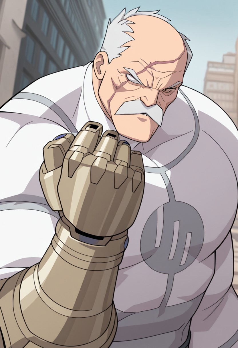 masterpiece, best quality, newest, absurdres, highres, anime, anime style, 1boy, Conquest-ISV-V1.0 old man, white hair, mustache, facial hair, scar, blind eye, single mechanical arm,