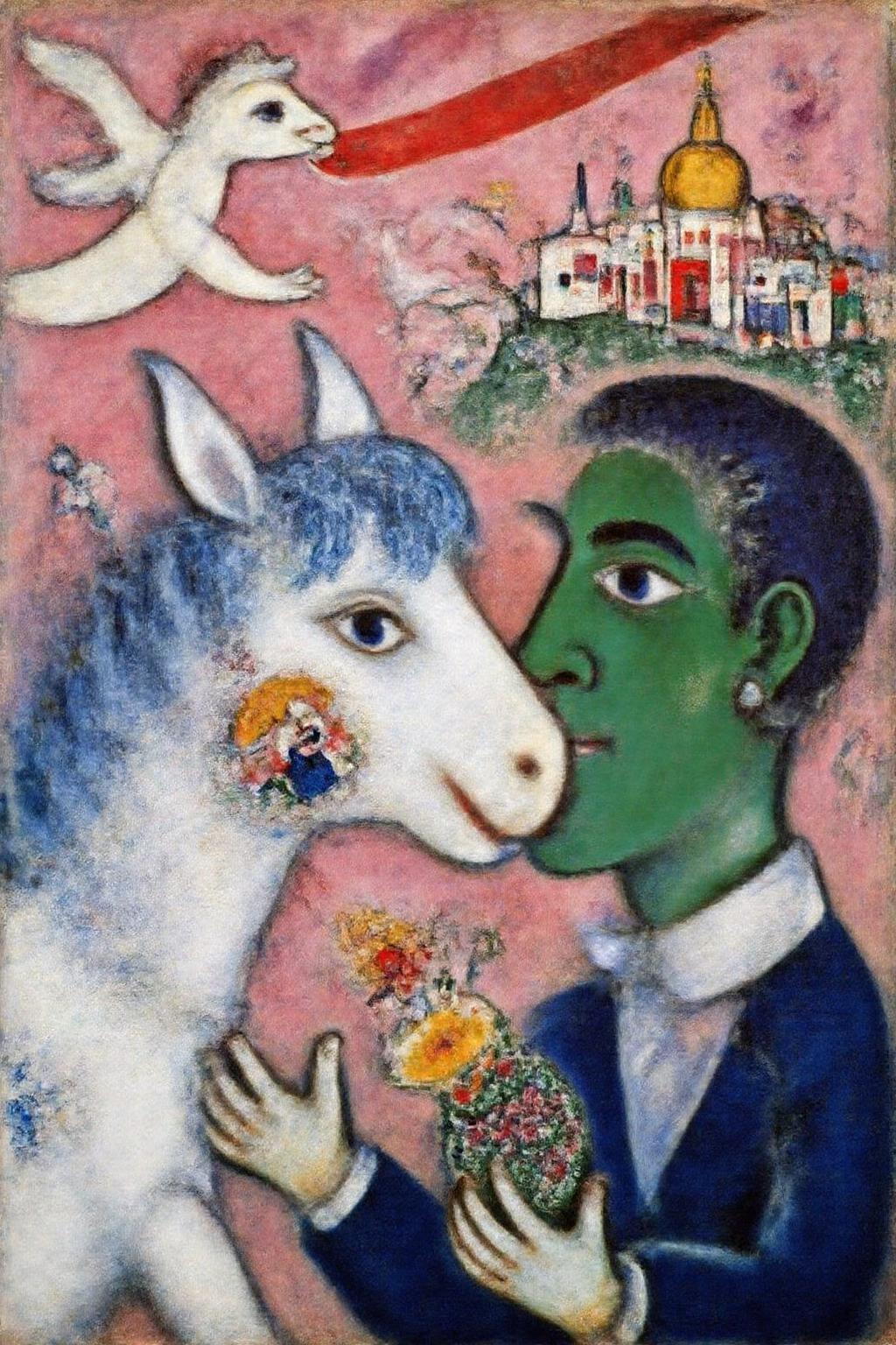 marcha9 painting.
a dreamlike composition. On the left, a white horse's face with a gentle smile dominates the scene, its body adorned with a miniature scene of a smaller white horse and a figure. To the right, a large green human face gazes towards the horse, with exaggerated features and a contemplative expression. Above them, a village with colorful houses and a golden church dome is nestled on a hill, with a figure tossing a child in playful motion. The background blends soft pinks, whites, and reds, with flowing, abstract shapes that create a mystical and poetic atmosphere. The lower portion features hands holding an intricate floral or fruit-like object, adding depth and symbolism. The overall style is whimsical, rich in symbolism, and infused with surreal and folkloric elements <lora:marcha2_cap_d6a3e15:1.0><lora:814261143167089266:0>