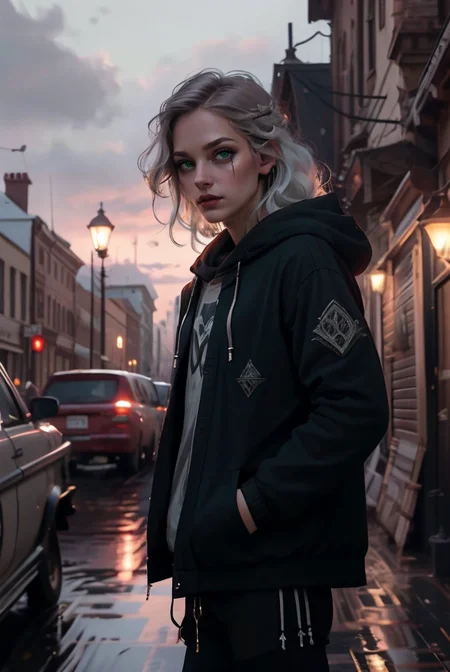 (masterpiece, best quality, high quality, highres, ultra-detailed), city, scenery, night, building, sign, cityscape, pantyhose, skyscraper, street lights,
solo, 1girl, snake eyes, green eyes, hood, long hair, white hair, looking at viewer, outdoors, hood down, hands in pockets, thighhighs, bangs, long sleeves, jacket, black thighhighs,
<lyco:NijiJourney-LyCoris-V6:0.8>, AS-Adult, Asian-Less, OverallDetail, SkinHairDetail, <lora:slit-pupils:1>,