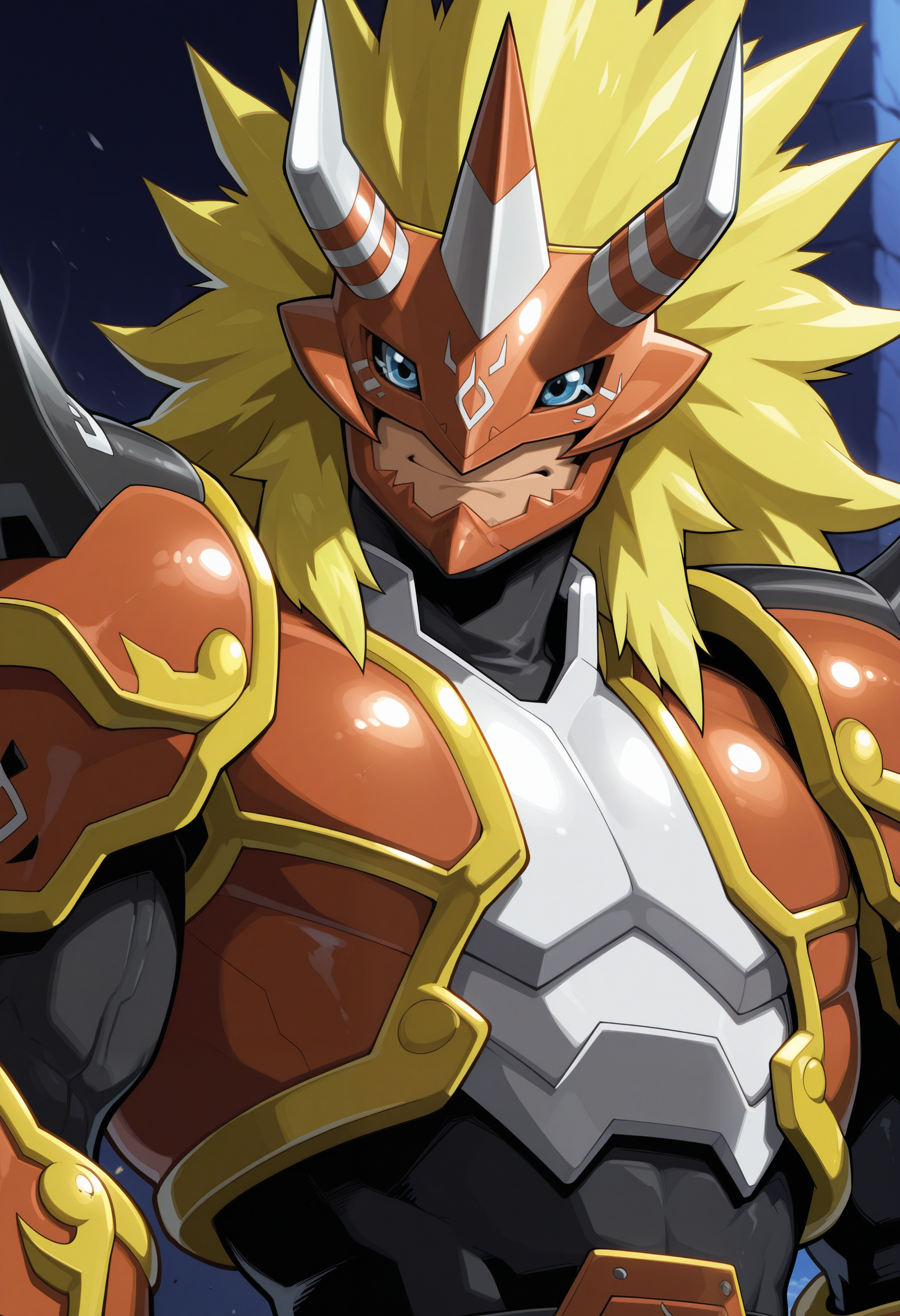 masterpiece,best quality,amazing quality, 1boy, solo, 4gun1, digimon (creature), armor, close up, side angle,  confident, mask, white skin, serious,