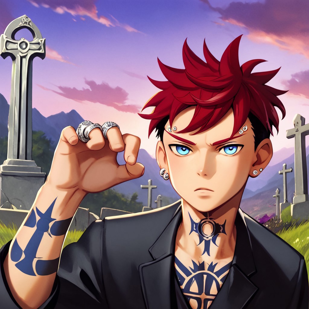 1boy, boy, male, man, Kiyoshi Harai, Twotone hair, two tone hair, red and black hair, blue eyes, tattoos, piercings, rings, earrings, black suit, black clothing, black clothes, perfect anatomy, detailed face, perfect face, detailed eyes, gorgeous, perfection, perfect, insanely detailed, HD, perfect eyes, perfect hands, perfect anatomy, best quality, masterpiece, detailed, clothing, clothes, graveyard background, purple sky, score_9_up, score_8_up
