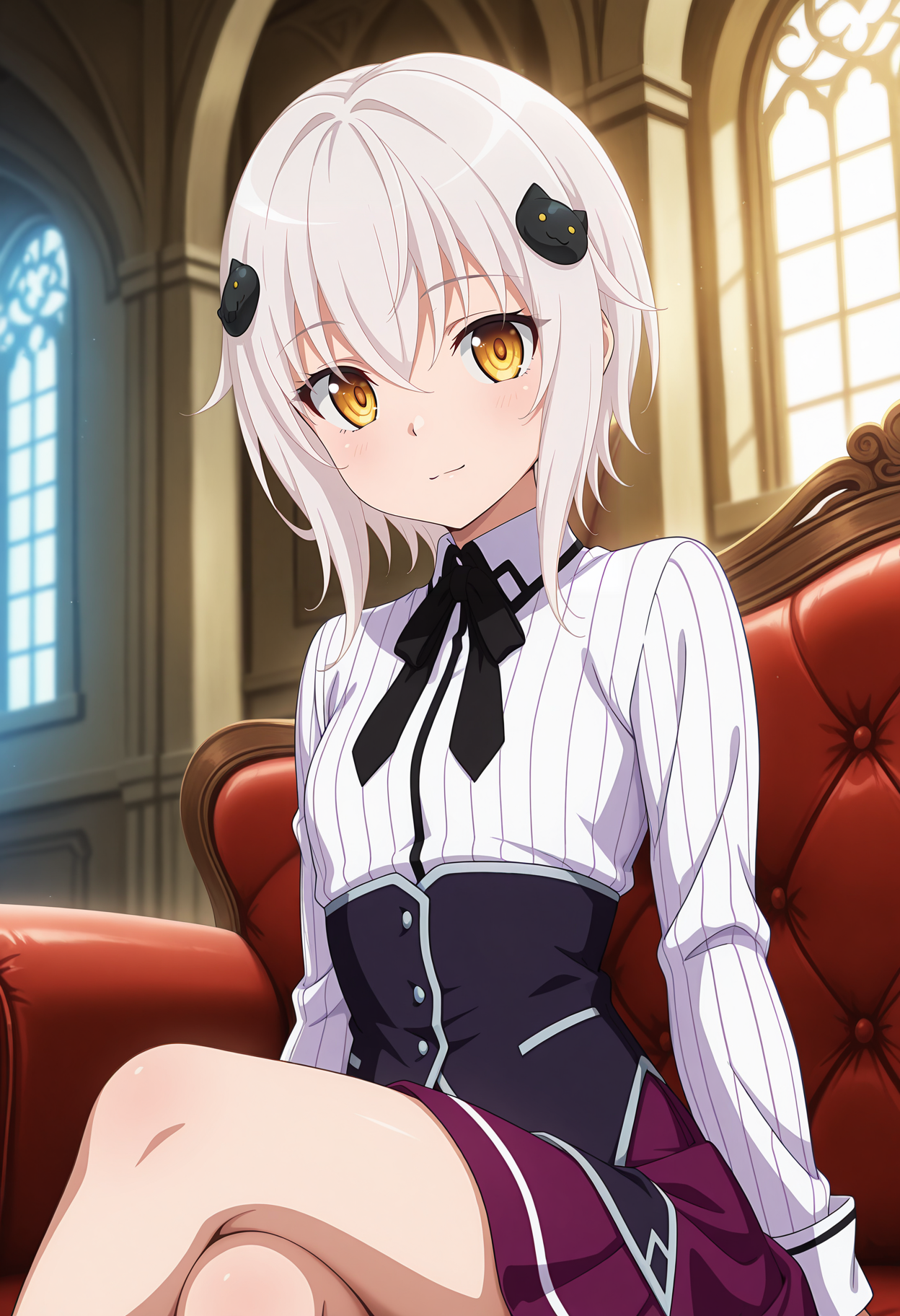 anime screencap, masterpiece, best quality,
<lora:HighSchoolDxDHERO_ToujouKoneko_IlluXL:0.9>,
1girl, solo, light smile, light blush,
white hair, yellow eyes, short hair, cat hair ornament,
KonekoSchool, striped shirt, white shirt, long sleeves, black ribbon, black corset, purple skirt,
sitting, crossed legs, looking at viewer,
blurry background, indoors, castle, couch, window