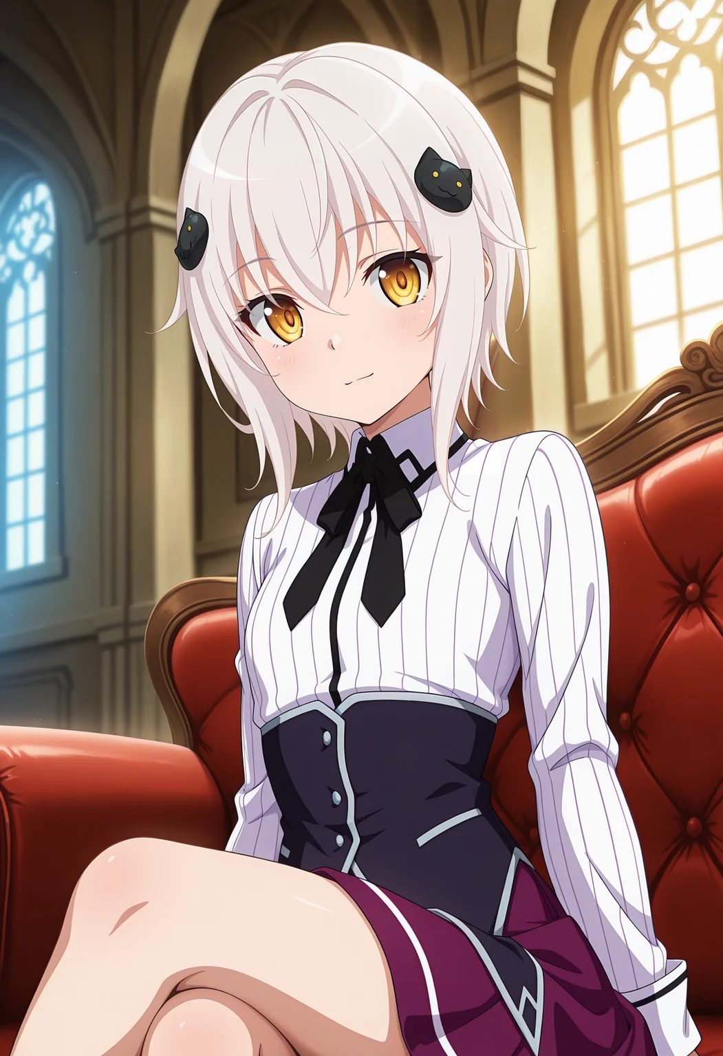 anime screencap, masterpiece, best quality,
<lora:HighSchoolDxDHERO_ToujouKoneko_IlluXL:0.9>,
1girl, solo, light smile, light blush,
white hair, yellow eyes, short hair, cat hair ornament,
KonekoSchool, striped shirt, white shirt, long sleeves, black ribbon, black corset, purple skirt,
sitting, crossed legs, looking at viewer,
blurry background, indoors, castle, couch, window