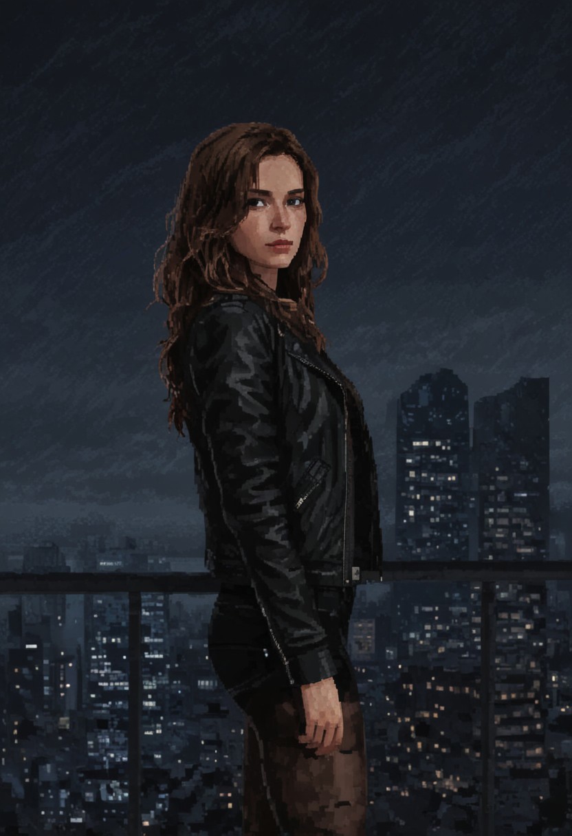 Pixel Art 8-bit style of A medium shot of a young woman with long, wavy brown hair, wearing a black leather jacket, black shorts, and black tights, standing in front of a view of a cityscape. The sky is filled with dark, ominous clouds, creating a dramatic atmosphere. PXLART
