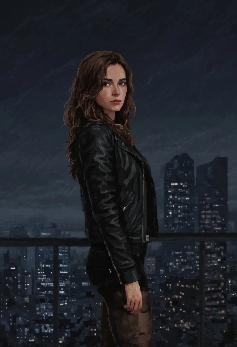 Pixel Art 8-bit style of A medium shot of a young woman with long, wavy brown hair, wearing a black leather jacket, black shorts, and black tights, standing in front of a view of a cityscape. The sky is filled with dark, ominous clouds, creating a dramatic atmosphere. PXLART