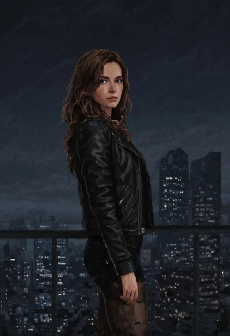 Pixel Art 8-bit style of A medium shot of a young woman with long, wavy brown hair, wearing a black leather jacket, black shorts, and black tights, standing in front of a view of a cityscape. The sky is filled with dark, ominous clouds, creating a dramatic atmosphere. PXLART