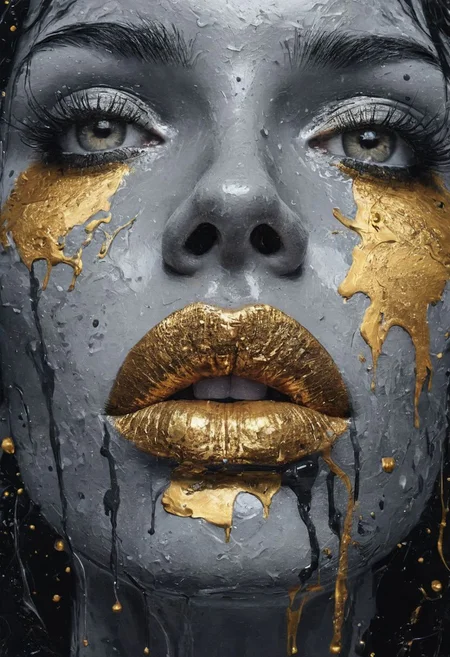 Close up portrait, impasto technique, low angle, detailed eyes, detailed lips, gray gold and black accents, dripping paint, illustration, painting, poster, impressionist, visible brush strokes, splashes, dynamic, sultry lips, seductive expression, painterly aesthetic
Wide range of colors., Dramatic,Dynamic,Cinematic,Sharp details
Insane quality. Insane resolution. Insane details. Masterpiece. 32k resolution.
<lora:add-detail-xl:0.95> <lora:dvr-lnds-sdxl:0.3> dvr-lnds-sdxl <lora:MJ52:0.25> <lora:ral-apoctvisn-sdxl:0.3> ral-apoctvisn <lora:zavy-cntrst-sdxl:0.35> dark, chiaroscuro, low-key <lora:zavy-rmlght-sdxl:0.41> zavy-rmlght <lora:SDXLFaeTastic2400:0.225>