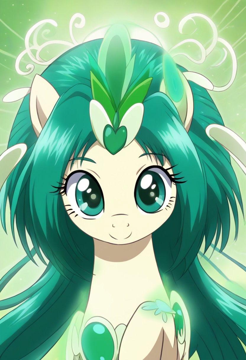 detailed background, green hair,, shiny skin,green eyes,<lora:curemint.pony:1>, curemint, solo,
