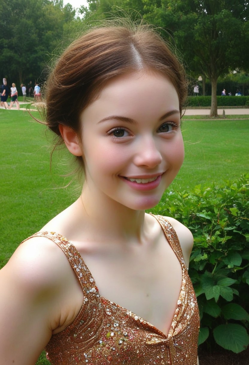 score_9, score_8_up, score_7_up, wide shot, high quality, best quality, photorealistic, park, outdoors, sunny, gorgeous shot BREAK 18 year old, brunette, cute, big eyes, soft jaw, cute smile, small mouth, plump lips, very plump lips, very small mouth, barely, small nose, neoteny, barely 2, amused, smiling, european, summer dress 2.1, fresh skin, goosebump skin, pale skin, 7-cgifaces, skinny, petite, detailed eyes, skinny, flat chested, very widset eyes, very small mouth, very plump lips, cut smile