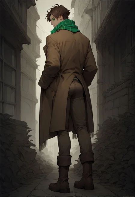 score_9, score_8_up, score_7_up, score_6_up, score_5_up, score_4_up, 1man,brown hair, green eyes,stitches,scarf,shirt,coat,pants,boots,Ass view