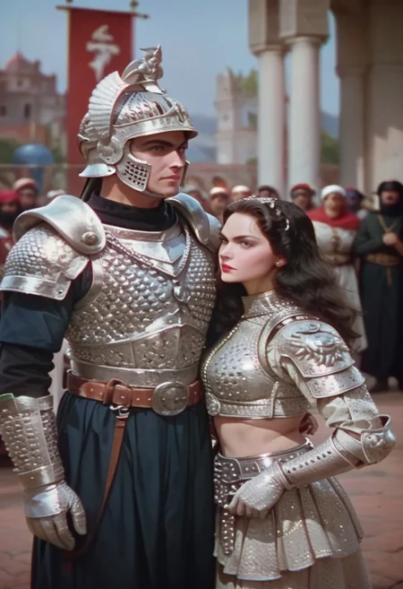 Score_9, score_8_up, score_7_up, anime, BagdadThief, Kodak Motion Picture Film Style, technicolor, 1girl, (helm), helmet, gloves, chainmail, breastplate, shoulder armor, pauldron, armor outfit, exposed midriff, dark hair, pale skin, lipstick