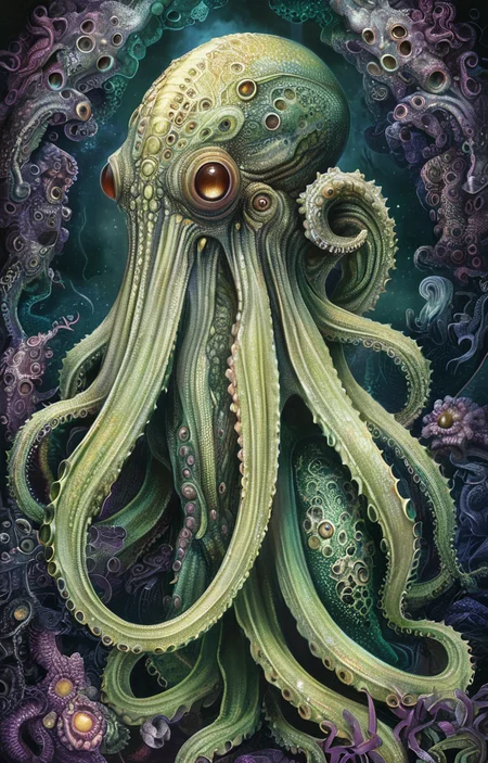 masterpiece,best quality,<lora:tbh225-sdxl:0.9>,illustration,style of Biological illustration,Cthulhu,structure,