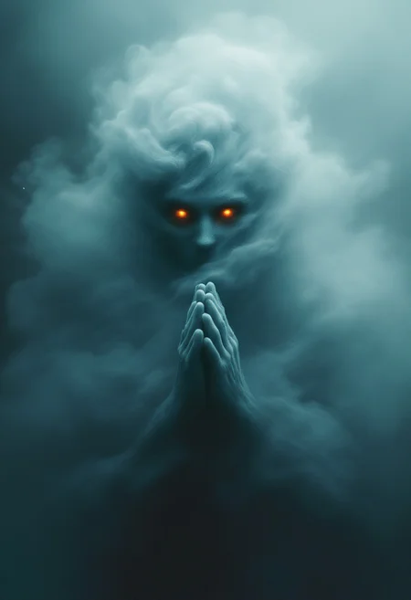 A captivating, cinematic conceptual art piece featuring a ghostly figure composed entirely of swirling, cloud-like textures. The ethereal being appears to have a face emerging from the mist, with striking, glowing orange eyes that contrast the cool, muted blues and grays of the surrounding atmosphere. The vertical composition focuses on the figure's upper body and face, creating an intimate and immediate connection. The contemplative expression and clasped hands suggest deep thought or introspection. The dreamlike, foggy background seamlessly blends with the figure, adding to the mysterious and almost nightmarish ambiance. This enigmatic, spectral being invites viewers to ponder its nature and intentions, creating a sense of unease and intrigue., conceptual art, cinematic