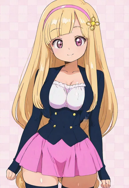 masterpiece, best quality, solo, curvy, beautiful eyes, narrow waist, wide hips, 1girl, solo, smile, looking at viewer, zzVioletta,
zzPearlCitron, brown eyes, blonde hair, long hair, straight hair, blunt bangs,, large breasts,, jacket, sleeves past wrists, pink skirt, black thighhighs, zettai ryouiki,
side view, ass, leaning forward, cowboy shot, smile, looking at viewer, shiny skin,
