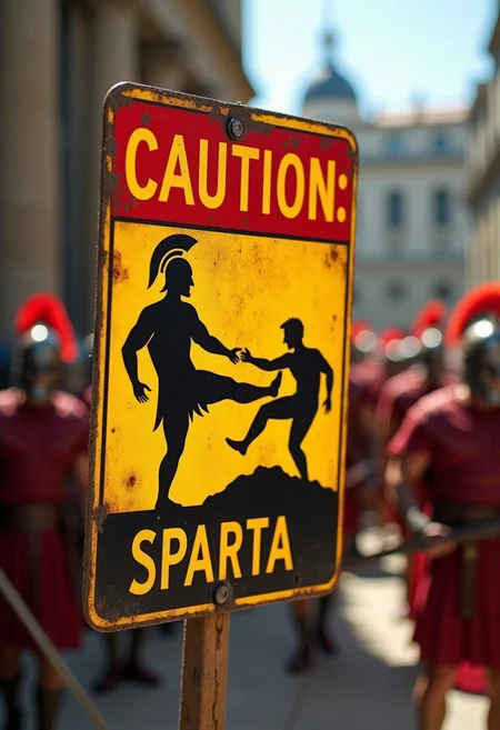 a yellow and red warning maintenance sign, (text reads, ("Caution: Sparta")) and depicts stick-figure of man being kicked by a Spartan king into a large pit, focused on the sign, Spartans milling around in background,
highest quality