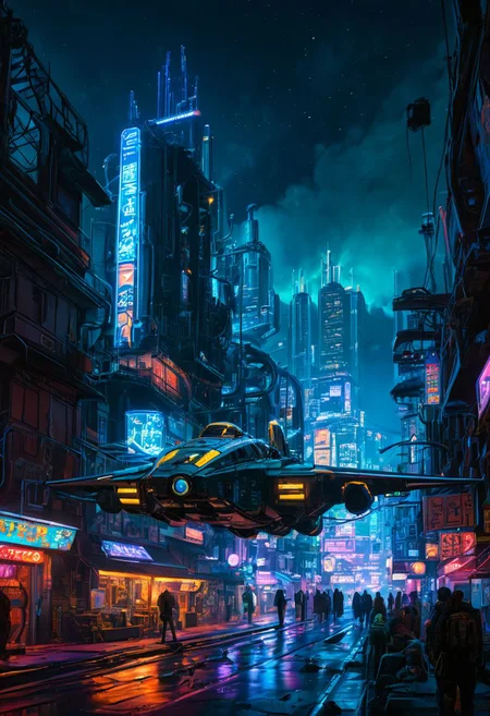 detailed artwork of cbbebop spaceship over a cyberpunk city at night detailed, neon lights, epic sky, undefined