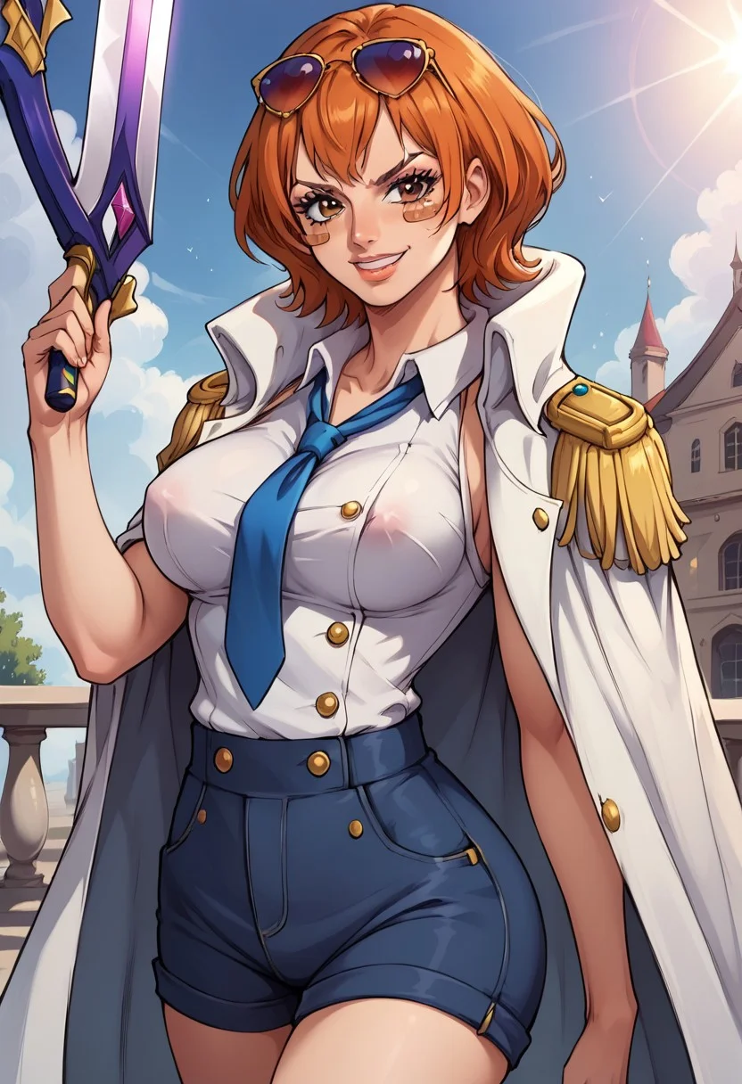 IsukaOP, 1girl, solo, short hair, orange hair, vermilion hair, brown eyes, band aid on her left cheek, lips, large breast, eyewear on head, sunglasses, collared shirt, buttoned shirt, white shirt, blue tie, brown gloves, shorts, heeled boots, coat on shoulders, wide hips, shirt neckline, band aids, bandages, scars, burn scar on hand, epaulettes, weapon, sword,
seductive pose, sexy pose, tease, in the spotlight,,
smile, jojo reference,
score_9, score_8_up, score_7_up, beautiful aesthetic, very intricate, high quality details,vibrant, highly detailed, award-winning, professional,anime artwork, anime style, studio anime, athletic, curvy body, athletic girl, perky tits,large breast,perfect tits, round breasts, nipple outline,looking at viewer, pinup pose,teasing, dynamic lighting, cinematic, smug, better than you, aura of temptation, highly detailed, high resolution, masterpiece, detailed clothes, detailed background, highly detailed, ((sound effects)) comic layout,