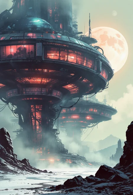 Faded neon colors of the 80s, washed-out pastel tones in spectral hues, combined with dystopian beige and gray. Monochrome ni-style Manga Sketch infused with soft, grainy retro tones. Towering over a barren, frozen wasteland in a nuclear winter setting, massive floating structures dominate the desolation. These round, sci-fi residential blocks sprawl like a chaotic web, their glowing panels flickering in muted neon hues of pink, cyan, and violet, refracted by the radioactive snow. The windows, dense and mismatched, emit spectral pastel lights that faintly illuminate the cracked, icy ground below.
The buildings, a mix of sleek technology and weathered neglect, resemble suspended slums. Some sections shimmer with frosted, translucent metal, while others are patched with rusted scraps, their surfaces lined with pipes dripping frozen condensation. Between the structures, illuminated cables stretch in a spectral web, glowing faintly amidst the swirling haze of beige and gray snowstorms.
The horizon blurs into a dystopian haze, where a pale, dim sun casts harsh, elongated shadows across the fractured, irradiated landscape. Torn fragments of banners and flapping cables sway in the ghostly wind, their colors faded into near translucence. The scene evokes a melancholic beauty, blending the faded nostalgia of 80s neon hues with the stark decay of a frozen, dystopian future. This hyper-detailed, cinematic composition captures a hauntingly futuristic world on the brink of collapse.