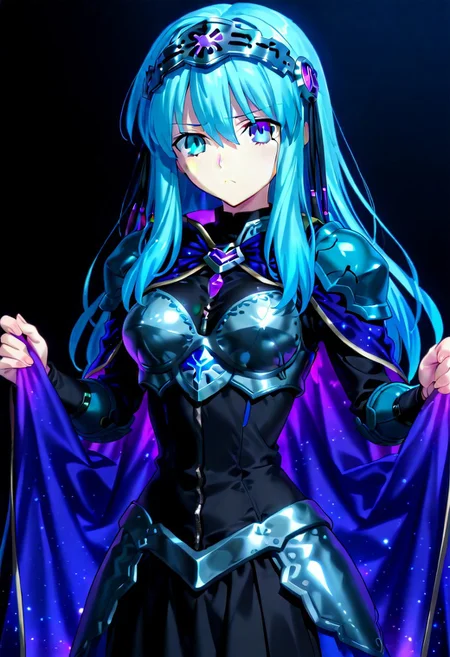 score_9, score_8_up, score_7_up, ((solo)), calm, pout, closed mouth, 1girl, solo, (medium breasts, thin waist, wide hips), peaceful, closed mouth, adult, (((eirika face))), (((cyan hair, cyan eyes))), ((long hair, hair between eyes)), (((indigo cape, metal headband, green metal_uniform, metal breast_armor))), no background, dark background, cowboy shot, dark background, portrait, Expressiveh,
