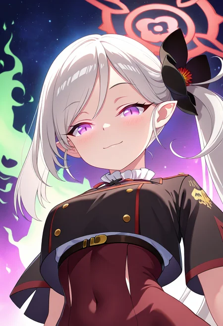 masterpiece, best quality, solo, curvy, beautiful eyes,  narrow waist, wide hips, zzMutsuki, long hair, halo, purple eyes, hair ornament, white hair, side ponytail, grey hair, pointy ears, hair flower,  dynamic angle, foreshortening, close up,   ,       <lora:MutsukiBlueArchiveIXL:1.0>, [Mystic Glow], Glowing green tribal tattoos across grey skin, ethereal glow, Upper body portrait with pointy ears and glowing eyes, surrounded by a soft green aura in a shadowy space, locking eyes with the viewer with an enigmatic expression.