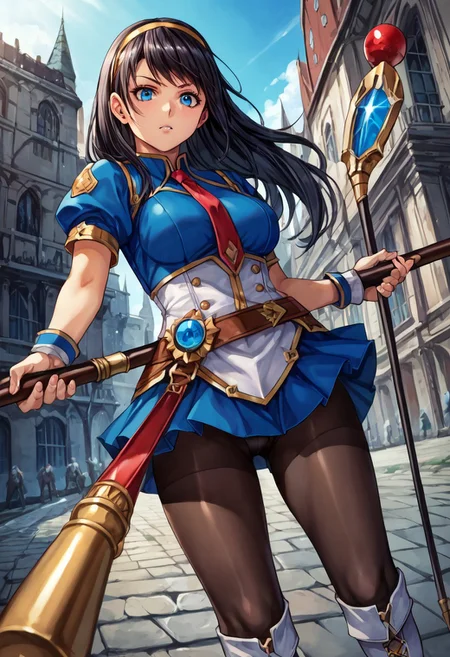 score_9, score_8_up, score_7_up, score_6_up, score_5_up, score_4_up, detailed, intricate details, source_anime, , (best quality) , (highly detailed) ,((masterpiece)), ((best quality)), (ultra-detailed), ((extremely detailed)), (high resolution), 4K, (8K), best quality, (beautiful), (dynamic lighting), (super detailed skin), sharp focus, (1_girl, solo focus), score_9,score_8_up,score_7_up,anime coloring BREAK source_anime,anime, <lora:Liffany_p_v1.5:1>,Liffany,headband,magic wand,blue skirt,black_pantyhose,white_thighhighs,white boots, Blue eyes, Blond hair <lora:Fixhands_anime_bdsqlsz_V1:1>,looking_at_viewer,castle,city,holding,holding_staff,fighting_stance,serious,dynamic_angle,posing,,
 upper body, detailed eyes、detailed face and detailed skin <lora:add-detail-xl:1.0>