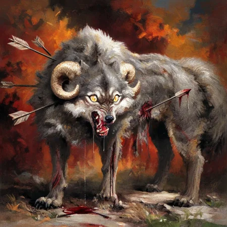 masterpiece, best quality, faux traditional media, acrylic paint \(medium\), painting \(medium\), animal, wolf, solo, standing, arrow \(projectile\), arrow in body, injury, bleeding, wide-eyed, saliva, slit pupils, angry, curled horns<lora:EliranKantor_V1_Noob:1.0>