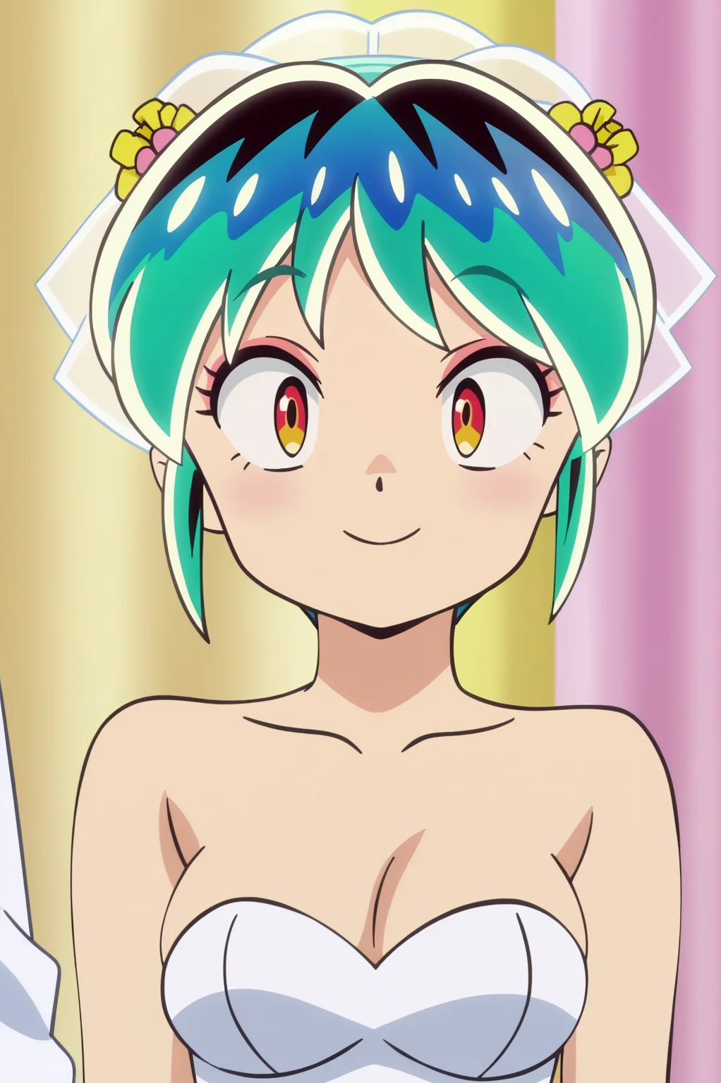 anime screencap, consistent background, Lum, upper body, light smile, wedding dress <lora:Private_Urusei_Yatsura_2022_-_Lum_-_PDXL:0.8>