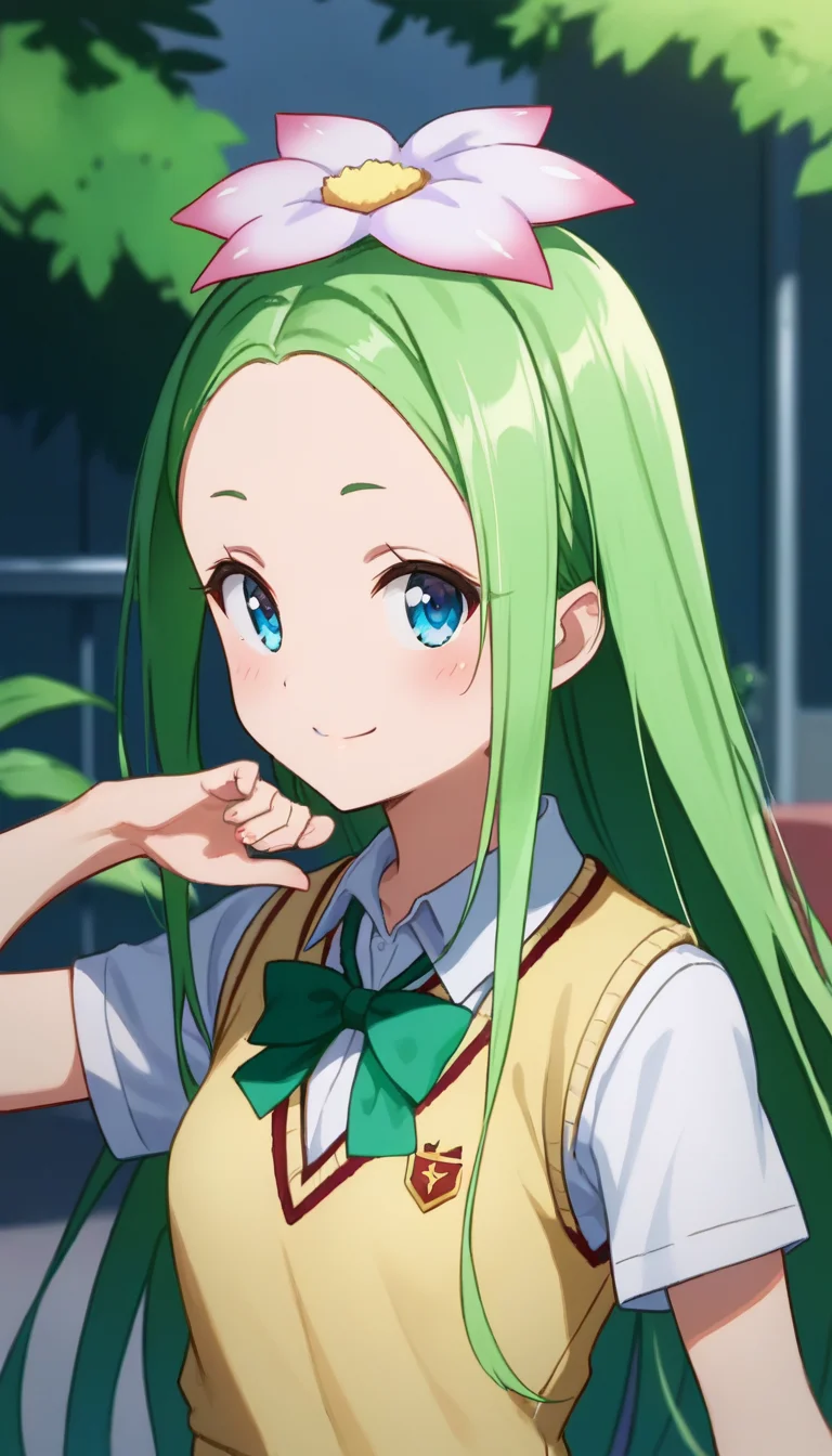 score_9,score_8_up,score_7_up,score_6_up BREAK official art,solo,outdoors,upper body,(portrait:1.5),looking at viewer,facing viewer,smile,blush,Celine,hair flower,very long hair,green hair,sidelocks,forehead,blue eyes,school uniform,sweater vest,yellow vest,white shirt,collared shirt,green bowtie,short sleeves,small breasts,miniskirt,green skirt,plaid skirt,pleated skirt,black socks,loafers,<lora:Celine(tlr)-Pony:1.6>,
