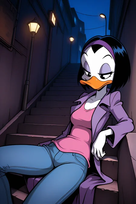 masterpiece, best quality, amazing quality, absurdres, solo, kay-k, duck girl, serious, looking down, elbow rest, leaning back, sitting on stairs, short black hair, purple hairband, white skin, purple coat, pink shirt, blue jeans, outdoors, night, moody, lamppost, alley, night, dark